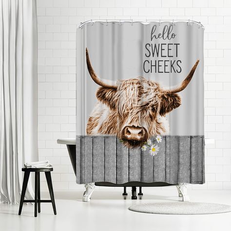 Cow Bathroom Decor Ideas, Cow Shower Curtain, Grey Farmhouse, Animal Shower Curtain, Waffle Weave Shower Curtain, Country Cow, Funny Artwork, Longhorn Cow, Hello Sweet Cheeks