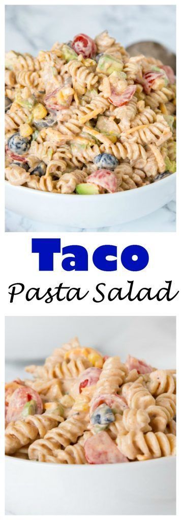 Taco Pasta Salad - a creamy pasta salad with all your favorite taco toppings! Great to make ahead and have in the fridge for dinner or to take to any get together. Pasta Salads Without Mayo, Easy Make Ahead Potluck Recipes, Creamy Ranch Taco Pasta Salad, Patio Party Food Ideas, Creamy Pasta Salad, Taco Pasta Salad, Taco Toppings, Ground Recipes, Creamy Pasta Salads