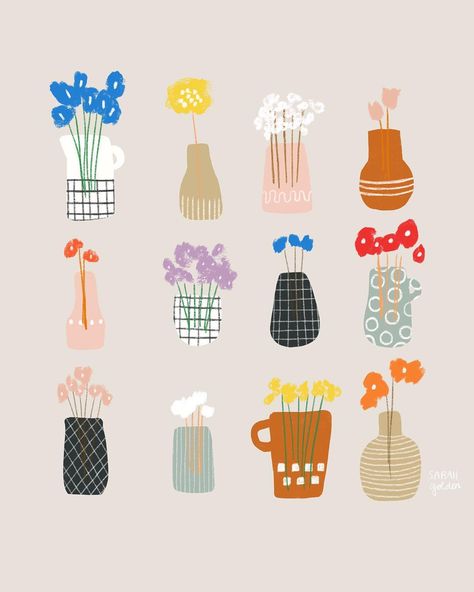 Flower Vase Drawing, Artfully Walls, Pottery Painting Designs, Paint And Sip, 자수 디자인, Boho Art, Flower Illustration, 로고 디자인, Illustration Print