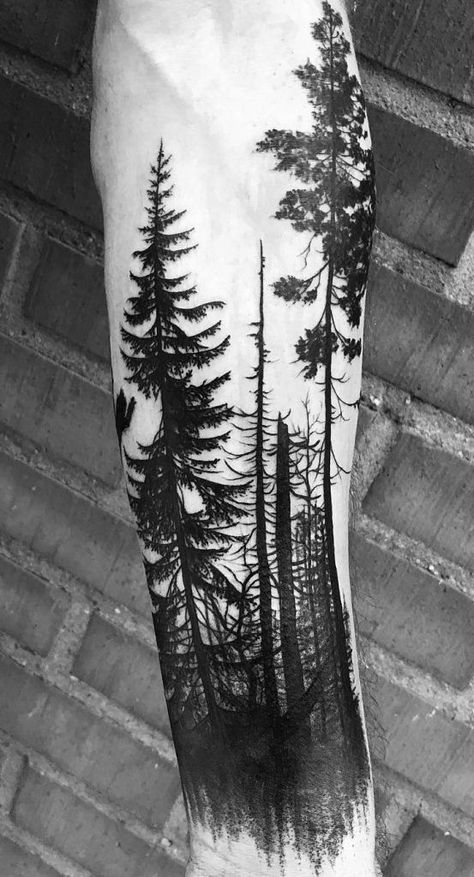 Geometric Tattoo Tree, Forest Tattoo Sleeve, Forest Forearm Tattoo, Natur Tattoo Arm, Evergreen Tree Tattoo, Tree Sleeve Tattoo, Tree Sleeve, Dragons Tattoo, Nature Tattoo Sleeve