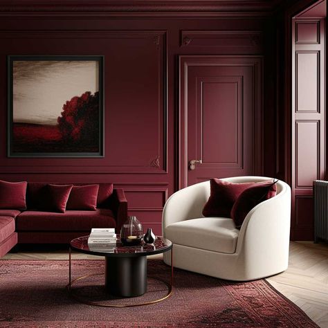 9+ Must-Try Wall Colour Combinations for an Inviting Living Room • 333+ Images • [ArtFacade] Burgundy Walls Living Room, Berry Living Room, Maroon Room, Maroon Living Room, Wall Colour Combinations, Monochromatic Living Room, Maroon Walls, Burgundy Living Room, Burgundy Walls