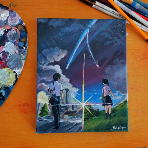 Ghibli Acrylic Painting, Your Name Painting, Anime Painting Acrylic, Aesthetic Acrylic Painting, Drawing Painting Ideas, Anime Canvas Painting, Simple Canvas Paintings, Cute Canvas Paintings, Abstract Art Painting Diy