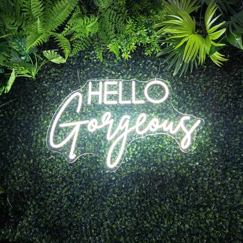 #NeonSigns #BrightIdeas #NeonSignNames #NeonInspiration #NeonRoom #RoomDecor Green Salon Decor, Colors That Compliment Green, Hello Gorgeous Neon Sign, Salon Goals, Boxwood Wall, Cute Compliments, Party Neon Sign, Indoor Plant Wall, Party Neon