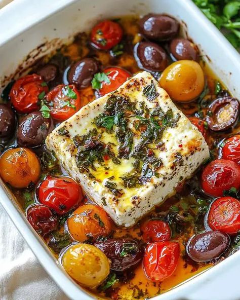 Baked Feta With Tomatoes, Feta With Tomatoes, Baked Feta Recipe, Lobster Cream Sauce, Baked Olives, Creamy Feta, Baked Feta, Marinated Olives, Feta Recipes