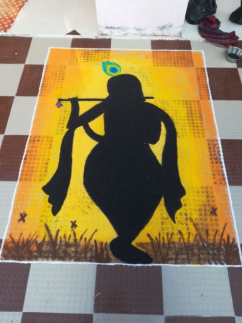 Rangoli shadow poster Rangoli With Black Colour, Lord Krishna Rangoli Design, Dwarkadhish Rangoli, Kanha Rangoli Design, Rangoli Poster Design, Krishna Poster Rangoli, Kanha Rangoli, Krishna Rangoli Design Simple, Rangoli Ideas Creative For Competition