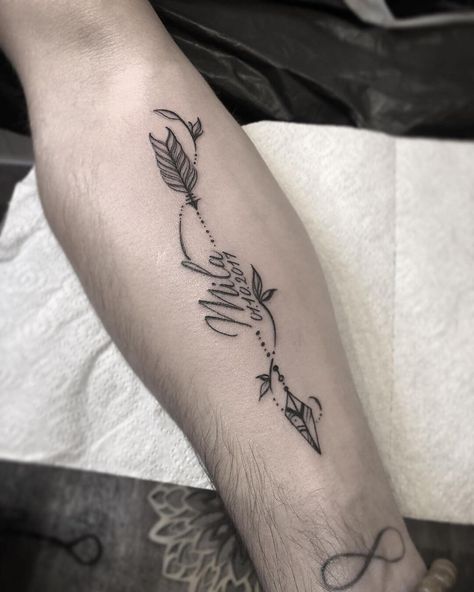 10 Best Arrow Name Tattoo Ideas That Will Blow Your Mind! | Outsons | Men's Fashion Tips And Style Guides Arrow Name Tattoo, Feather Arrow Tattoo, Arrow Tattoos For Women, Names Tattoos For Men, Arrow Tattoo Design, Date Tattoos, Tattoos With Kids Names, Arrow Tattoo, S Name