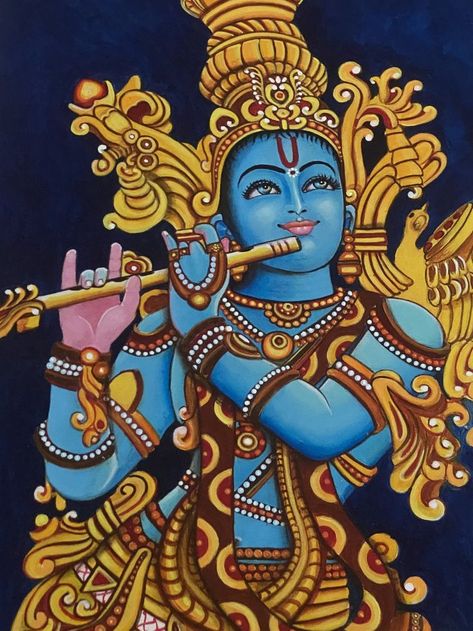 Krishna Playing Flute, Playing Flute, Mural Art Design, Ganesh Art Paintings, Kalamkari Painting, Kerala Mural Painting, Buddha Art Painting, Indian Art Gallery, Beautiful Art Paintings