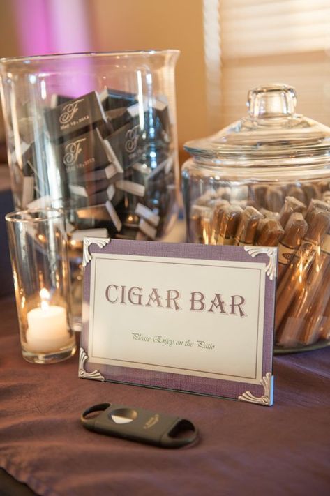 Cigar Bar, something for the guys #brideside #wedding #details 50th Birthday Party Ideas For Men, Dessert Display Wedding, Havana Nights Party, Birthday Decorations For Men, Dessert Display, Gatsby Wedding, 60th Birthday Party, 30th Birthday Parties, 40th Birthday Parties