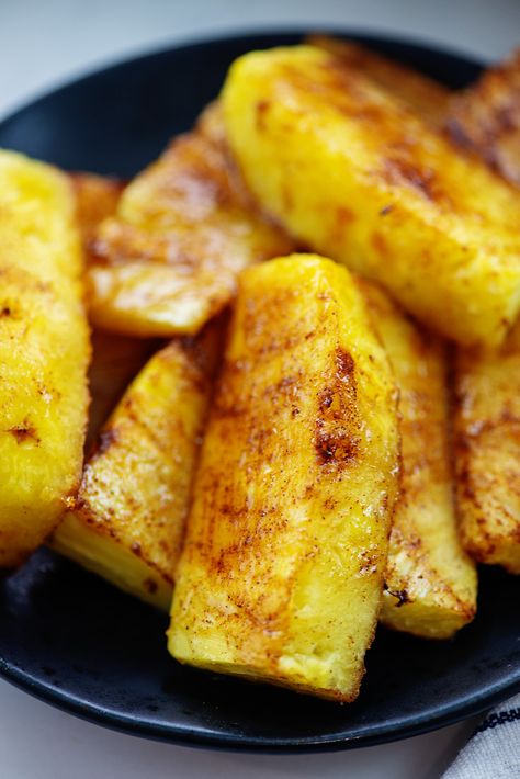 Step By Step Tutorial: Air Fryer Pineapple Recipe | AirFried.com Brazillian Grilled Pineapple, Brazilian Steakhouse Pineapple, Brazilian Grilled Pineapple, Brazilian Pineapple, Air Fryer Pineapple, Meatballs Baked, Cooked Pineapple, Pineapple Recipe, Portland Food