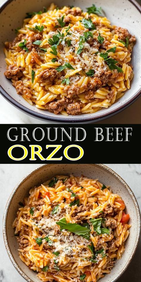 🍲 Warm up with this savory and easy Ground Beef Orzo dish. A must-try for lovers of quick and comforting meals. 💛 #OrzoRecipe #BeefDinnerIdeas #MealPrep Ground Beef And Orzo, Beef And Orzo, Creamy Tomato Orzo, Beef Orzo, Orzo Bake, Orzo Skillet, Tomato Orzo, Orzo Recipe, Comforting Meals