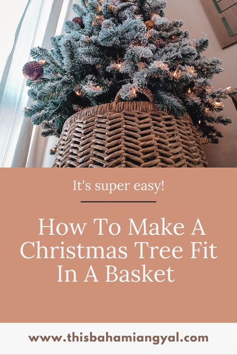 Christmas Decor Under The Tree, Tree In Basket Indoor, Christmas Centerpieces In Baskets, Christmas Tree In Basket How To, Tomato Basket Christmas Tree, Christmas Tree With Basket Base, Basket For Tree Base, Diy Christmas Tree Basket Base, Christmas Tree In A Basket Diy