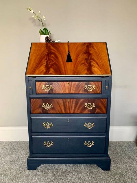 Bureau Secretaire Desk SOLD Commissions Taken Please - Etsy UK Secretaire Desk, Secretary Desk Makeover, Drop Down Desk, Writing Desk With Drawers, Writing Area, Furniture Flip, Vintage Drawers, Desk Makeover, Secretary Desk