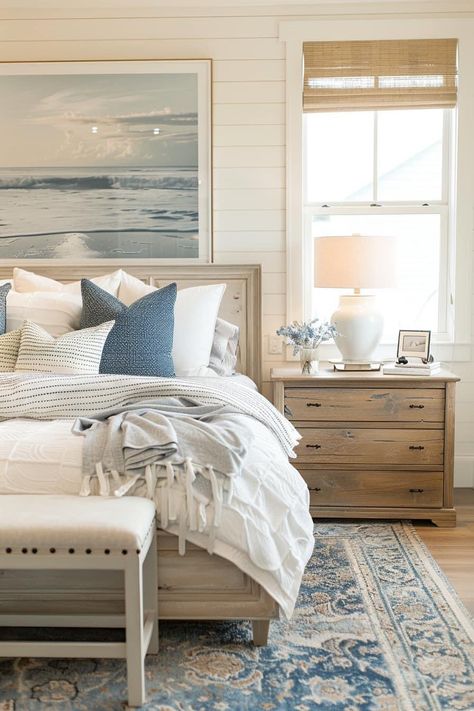 Master Bedrooms Decor Blues, Dusty Blue Bedroom Ideas, Cozy Bright Bedroom, Georgetown Homes, Blue And Beige Bedroom, Feminine Bedrooms, Beachy Bedrooms, White And Blue Bedroom, Motel Ideas