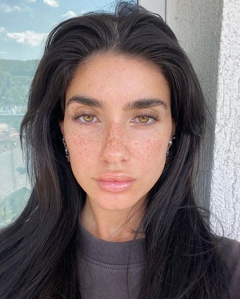 Dark Hair Tan Skin Brown Eyes, Black Hair Tan Skin Brown Eyes, Dark Chocolate Brown Hair Pale Skin, Dark Brown Hair With Hazel Eyes, Freckles Dark Hair, Black Hair Amber Eyes, Dark Hair And Freckles, Dark Hair Freckles, Dark Hair Pale Skin Brown Eyes