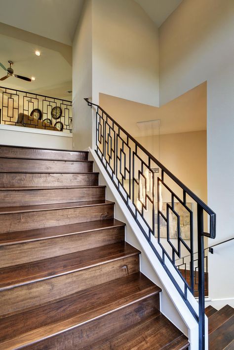 Wrought iron railing Modern Staircase Railing, Indoor Stair Railing, Metal Stair Railing, Interior Stair Railing, Wrought Iron Stair Railing, Modern Stair Railing, Custom Railing, Handrail Design, Iron Stair Railing