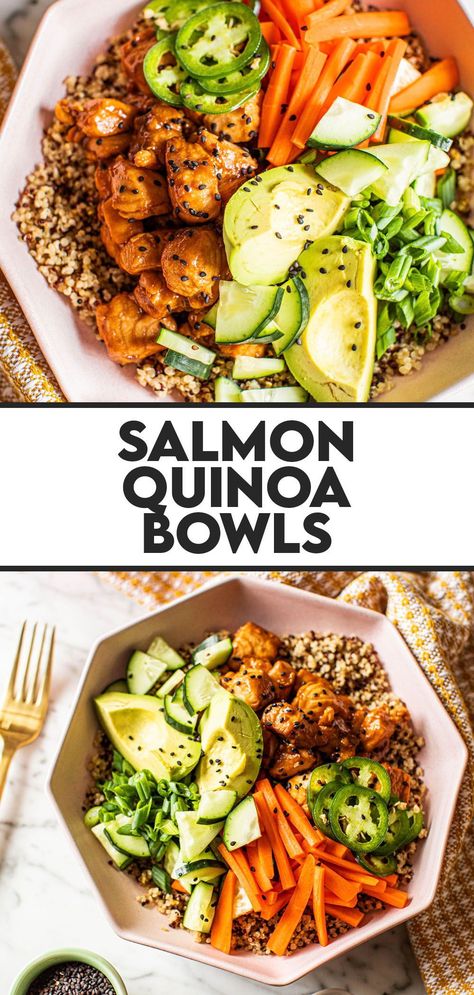 Salmon Quinoa Bowl, Quinoa Bowls Healthy, Quinoa Recipes Easy, Power Bowl Recipe, Salmon Quinoa, Teriyaki Marinade, Healthy Bowls Recipes, Healthy Salmon, Salmon Dinner