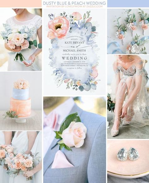 Dusty Blue And Peach Wedding Cake, Dusty Blue And Peach Wedding, Dusty Blue Wedding Flowers, Peach And Dusty Blue, Blue Wedding Flowers Bouquet, Blue And Peach Wedding, Blue Peach Wedding, Peach Peony, Peach Wedding Invitations