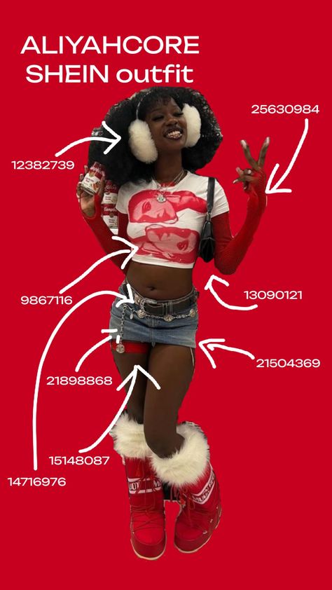 ALIYAHCORE SHEIN OUTFIT INSPO (w SheIn codes) #aliyahcore #red #shein #itgirl #fyp #outfit #inspo Cute Shein Outfits Codes, Y2k Shein Outfits Codes, Shein Y2k Outfits, Shein Outfits Codes, Aaliyah Outfits, Shein Codes, Baggy Ripped Jeans, Club Fits, Shein Outfits