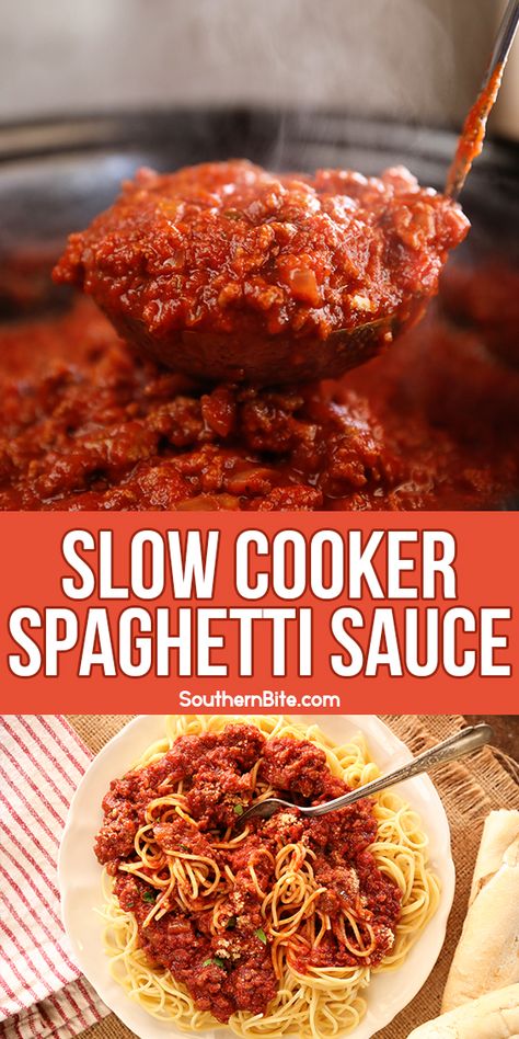 This Slow Cooker Spaghetti Sauce recipe is the perfect, slow cooked, thick, rich, flavorful meat sauce for spaghetti, lasagna, baked ziti, you name it! The crock pot does all the work for you and delivers a sauce that any Italian grandmother would be proud of! Slow Cook Spaghetti Sauce, Spaghetti Sauce Crockpot Slow Cooker, Spaghetti Sauce Slow Cooker, Crockpot Pasta Sauce Recipes, Slow Cooker Spaghetti Sauce With Meat, Spaghetti Sauce In Crockpot, Spaghetti Sauce Crockpot, Cockpit Recipes, Slow Cooker Pasta Sauce