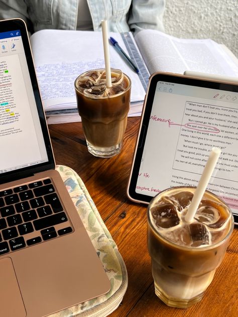 Aesthetic Cafe Studying, Cafe Writing Aesthetic, Studying And Coffee, Iced Coffee Studying Aesthetic, Study In A Cafe Aesthetic, Coffee Studying Aesthetic, Study With Coffee Aesthetic, Work In Cafe Aesthetic, Working At Cafe Aesthetic