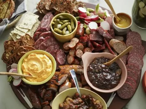 Ultimate Sausage Board Jeff Mauro, Sausage Charcuterie Board Ideas, Sausage Board Ideas, Sausage Board, Loaded Fried, Platter Boards, Sausage Platter, Blistered Shishito Peppers, Skillet Mac And Cheese