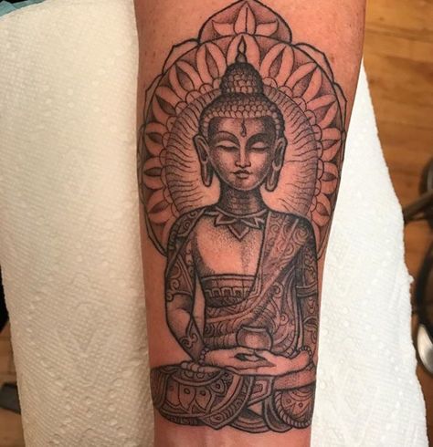 Buddhist Tattoo by Kim Saigh at Memoir Tattoo Buddha Sleeve Tattoo Women, Buhhda Tattoo, Buddah Tattoo For Women, Female Buddha Tattoo, Bhuddist Tattoos, Spiritual Tattoos Black Women, Buddha Tatoo, Kim Saigh, Memoir Tattoo