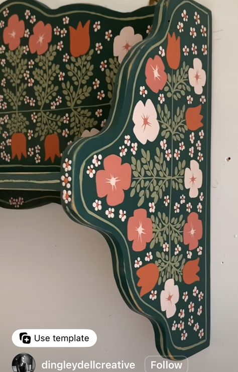 Furniture Flipping Aesthetic, Folk Art Painted Hutch, Folkart Painted Furniture, Dark Green Armoire, Hand Painted Table Top, Hand Painted Shelf Ideas, Hand Painted Folk Art Furniture, Swedish Folk Art Furniture, Scandinavian Folk Art Furniture