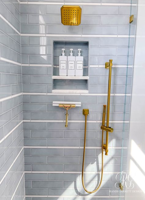 Bath Tile Inspiration, Nautical Shower Tile Ideas, Pool Bath Shower Tile, Aqua Penny Tile, Guest Bathroom Tile Shower Ideas, Shower Tile Ideas With Accent Strip, Navy Blue Accent Tile Shower Wall, White Subway Tile With Accent Strip, Lakehouse Bathroom Tile