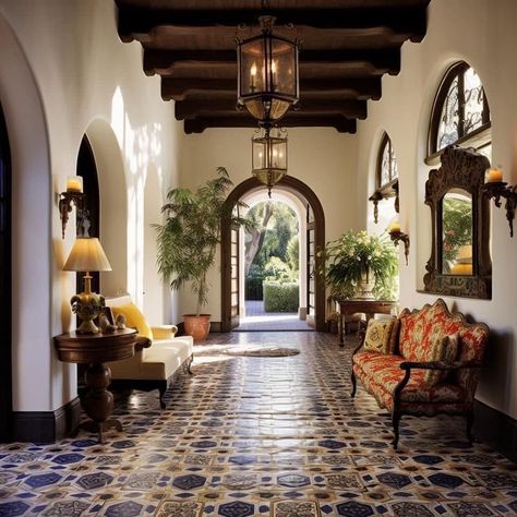 Hacienda Home Interior, Hacienda Style Entryway, Spanish Architecture Interiors, Mexico House Interior, Medditeranean Interior Design, Hacienda Style Homes Exterior, Spanish Style Hallway, Spanish Colonial Style Interior, Spanish Entryway