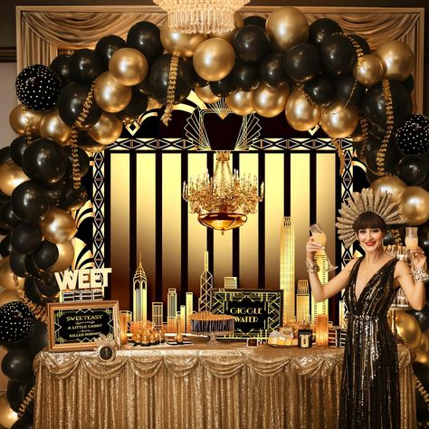 PRICES MAY VARY. ROARING 20S PARTY DECORATIONS - Your roaring 1920s theme party decorations must need this set! Perfect for roaring 20s party decorations, 1920s party decorations, jazz parties, balck & gold theme party, retro jazz party supplies, speakeasy decorations and so on. Comprehensive Kit - The 20s party decor include: roaring 20s theme photography backdrop(150cmX90cm), 70pcs black and gold Balloons, 4pcs roaring twenties party signs. Versatile Pieces - Match the reusable decorations to 1920s Party Decorations Diy Ideas, Great Gatsby Party Decorations Birthdays, Gatsby Party Theme Decoration, Speak Easy Decorations, Christmas Speakeasy, Gangster Theme Party, Speakeasy Decorations, Jazz Party Theme, Masquerade Party Decorations Theme