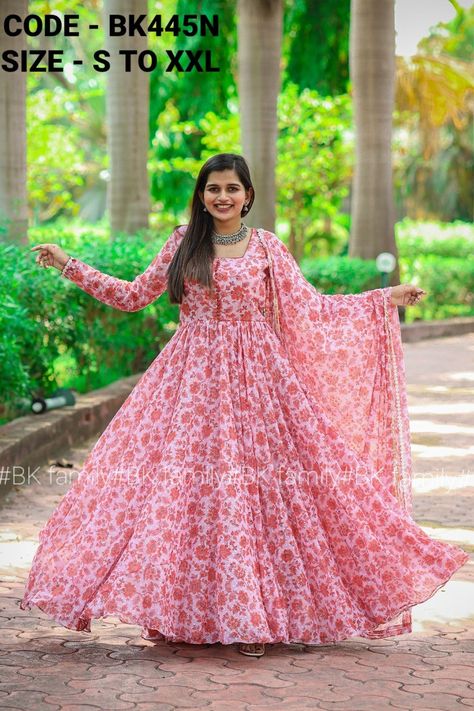 Chiffon full sleeves full length anarkali gown with dupatta |₹ 2399| FREE Shipping |  9004688543 Anarkali Gown With Dupatta, Umbrella Frock, Exclusive Saree Blouse Designs, Garba Dress, Simple Frock Design, Gown With Dupatta, Indian Outfits Lehenga, Long Gown Design, Simple Frocks