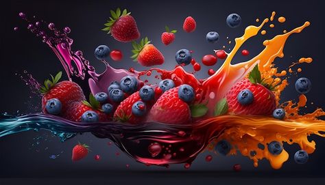 The fruit splash wallpapers hd wallpaper... | Premium Photo #Freepik #photo #fruity #strawberry-illustration #fruity-background #bluberry Fruit Splash, Art Showcase, Coffee World, Fruits Images, Eclectic Wall Art, Berry Juice, Fruit Wallpaper, Fruit Photography, Vinyl Decor