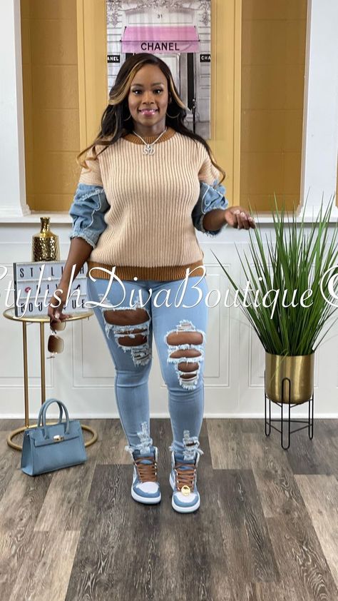 GRWM Sneakerheads Are Always Ready to Wear Sneakers With Any Outfit. Featuring The Demi Denim Sleeves Sweater from @stylishdiva_boutique. www.stylishdivaboutique.com #grwmvideo #grwm #gdwm #sneakerheads #sneakerlover | Stylish Diva Boutique | stylishdiva_boutique · Original audio Denim Sweater Outfit, Casual Chic Outfit With Sneakers, Denim Sneakers Outfit Women, Women Sneakerhead Fashion Styles, Sweater And Jeans Outfit Black Women, What To Wear With Sneakers For Women, Orange Sneakers Outfit Women, Winter Distressed Fitted Jeans, Distressed Hip Hop Jeans For Fall