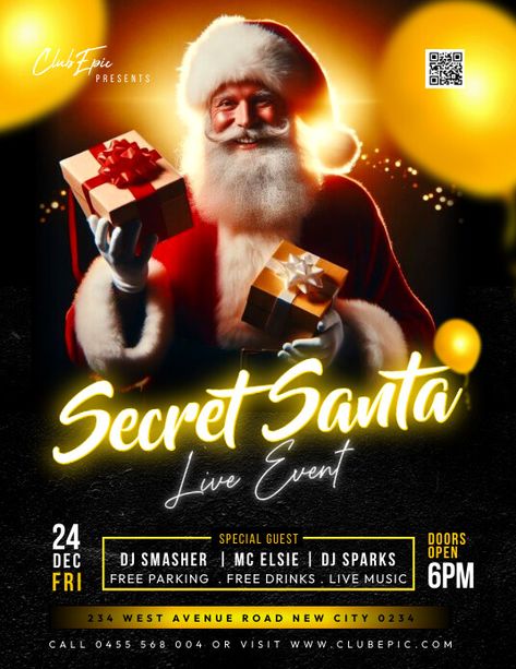 Secret Santa Poster, Night Club Party Flyer, Christmas Party Flyer, Club Party Flyer, Graphic Design Freebies, Santa Party, Christmas Party Poster, Christmas Flyer Template, Christmas Party Invitation Template