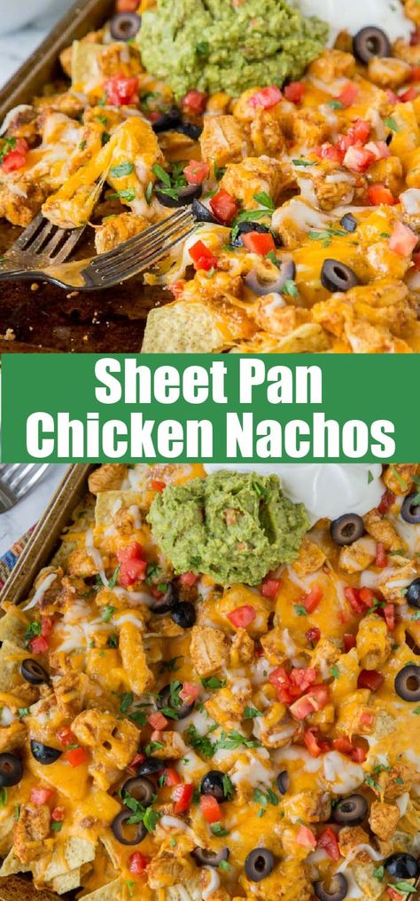 Sheet Pan Chicken Nachos - make a full tray of nachos for the whole family in minutes. Customize it to what your family likes, and get a dinner on the table, your family will love super fast! Easy Chicken Nachos Sheet Pan, Sheet Pan Chicken Nachos Recipe, Oven Chicken Nachos, Sheet Pan Nachos Chicken, Chicken Nachos Recipe Easy, Chicken Nachos Sheet Pan, Chicken Sheet Pan Nachos, Easy Chicken Nachos, Nacho Recipe