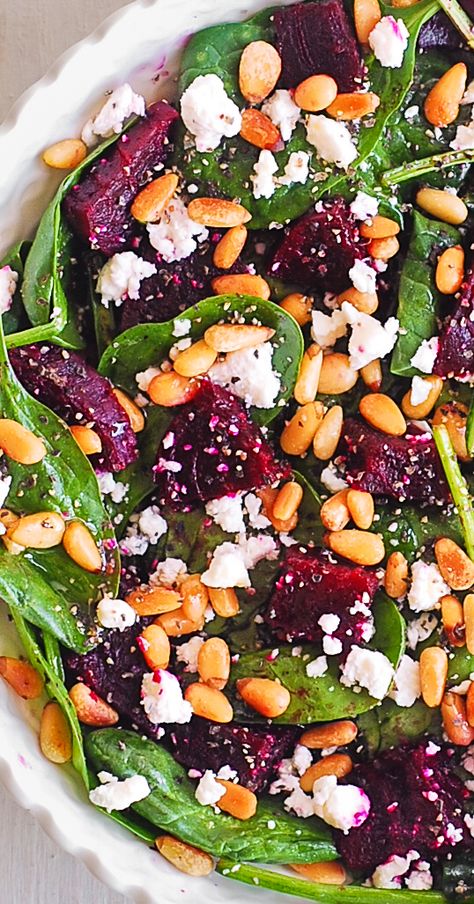 Simple Beet Salad with Goat Cheese, Spinach, and Pine Nuts Salad With Nuts, Beet Salad With Goat Cheese, Beet Goat Cheese Salad, Salad With Beets, Spinach Goat Cheese, Pine Nuts Salad, Salad With Spinach, Pine Nut Recipes, Salad With Goat Cheese