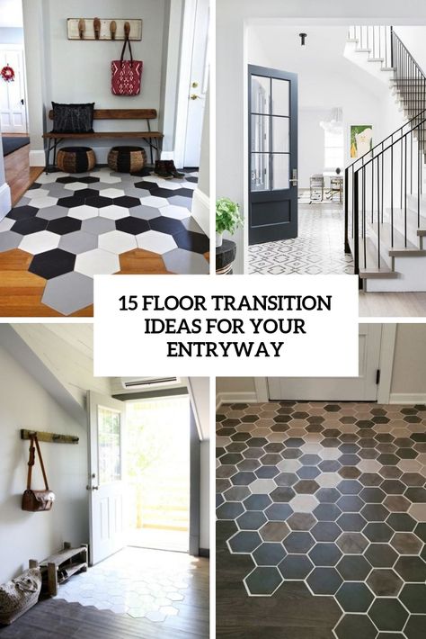 15 Floor Transition Ideas For Your Entryway Vinyl Flooring To Tile Transition, Kitchen And Entryway Tile, Mixed Flooring Ideas Wood And Tile Entryway, Vinyl Tile Entryway, Entryway Ideas Flooring, Modern Tile Entryway, Transition From Tile To Vinyl Plank, Tile Entryway Transition To Wood Floor, Tile In Entryway