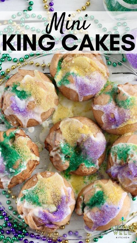 Celebrate Mardi Gras with your own personal Mini King Cake even if you can't make it to New Orleans or Mobile for the parades. This whole grain king cake recipe has less butter and sugar than traditional king cakes but is just as delicious! Similar to cinnamon rolls, you get your own. And you can even put a baby in one for a fun treat. Great idea for an epiphany celebration or festival party. Includes step by step photos and videos. #kingcake #kingcakerecipe Epiphany Celebration, Mini King Cakes, Desserts Spring, New Orleans King Cake, Brioche Dough, King Cake Recipe, King Cakes, Baking For Beginners, Cinnamon Filling