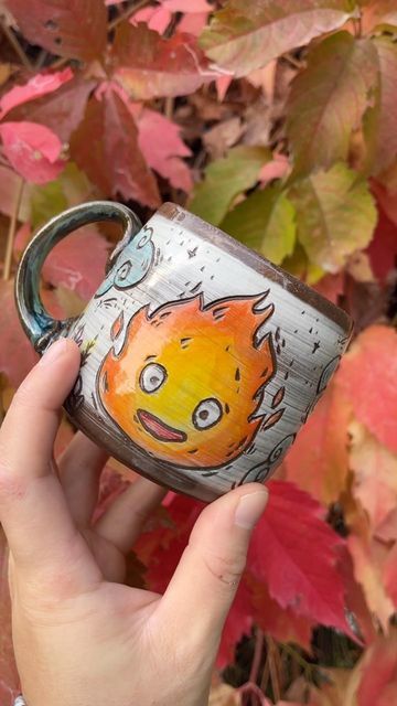 Calcifer Art, Flower Hacks, Pottery Cafe, Diy Pottery Painting, Pottery Painting Designs, Hand Painted Mugs, Crochet Curtains, Handmade Mug, Trendy Crochet