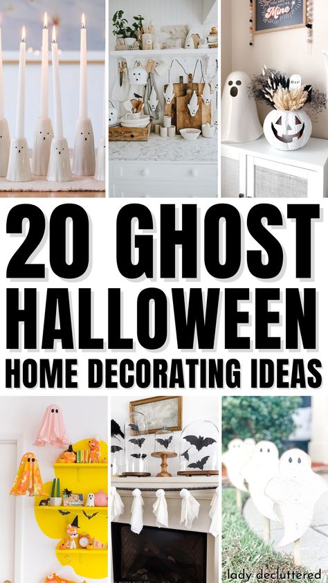 20 Ghost Halloween Home Decorating Ideas Ghost Mantel Decor, Indoor Ghost Decor, Diy Hanging Ghost Indoor, Ghost Mantle Decor, Ghost Bathroom Decor, Ghost Theme Halloween Decorations, Ghost Decorations Diy, Ghost Decorations For Halloween, Ghosts Decor