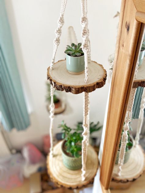 Real wood log slice, handmade macrame, double shelf for living room or bedroom hanging storage. #bohodecor #woodshelves Macrame Hanging Shelf, Art Macramé, Macrame Shelf, Log Slice, Log Slices, Hanging Table, Hanging Shelf, Plant Ideas, Wood Logs