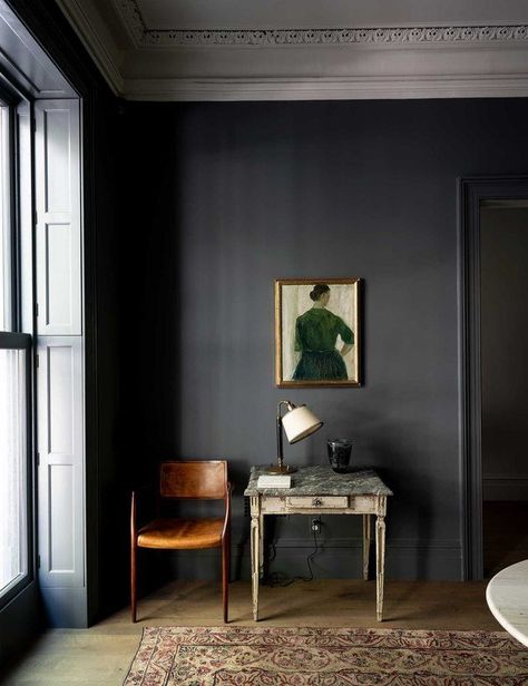 Whether it comes in the form of paint, wallpaper, furniture, tile, or textiles, there are endless opportunities to incorporate the color charcoal in your home. It pairs beautifully with warm tones, like yellow and blush, and contrasts with cooler hues, such as sky blue and sage green. #hunkerhome #grey #charcoalideas #charcoalbedroom #charcoalwall #wallcolorideas Grey Painted Floor, Pale Grey Paint, Simple Office Decor, Pavilion Grey, Gray Painted Walls, Dark Grey Paint, Charcoal Paint, Purbeck Stone, Light Gray Paint