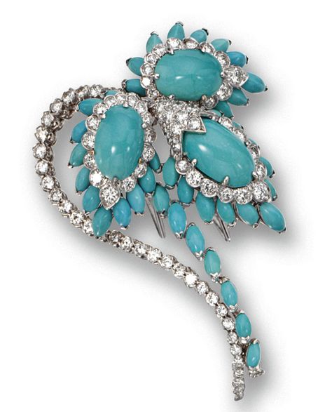 Turquoise and diamond brooch: The stylized flower set with 3 oval turquoise cabochons and numerous smaller navette-shaped turquoise cabochons, accented with a total of 91 round diamonds weighing approximately 6.50 carats, mounted in platinum and 18 karat white gold, signed David Webb and Webb. Antique Turquoise, David Webb, Floral Brooch, Antique Brooches, Diamond Brooch, Antique Diamond, Vintage Jewels, Coral Turquoise, High Jewelry