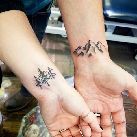 Mountains Couple Tattoo, Matching Landscape Tattoo, Matching Couple Tattoos Nature, Couple Tattoos Outdoors, Outdoor Matching Tattoos, Outdoor Couples Tattoos, Couple Tattoo Mountain, Simple Mountain Tree Tattoo, Outdoorsy Couple Tattoos