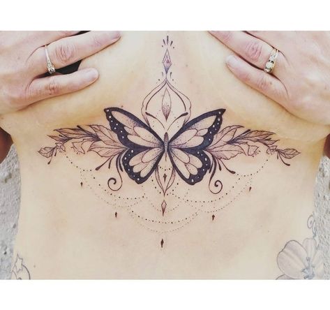 Butterfly Sternum Tattoo | Tattoo Ideas and Inspiration Butterfly Sternum Tattoo, Tattoo Between Breast, Tattoo Papillon, Chandelier Tattoo, Sternum Tattoo Design, Underboob Tattoo Designs, About Butterfly, Small Butterfly Tattoo, Butterfly Tattoos For Women