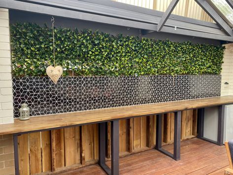 Diy Outdoor Entertaining Area, Bunnings Diy, Tiled Splashback, Diy Garden Bar, Outdoor Bar Area, House Renos, Glamping Ideas, Deck Projects, Entertaining Space