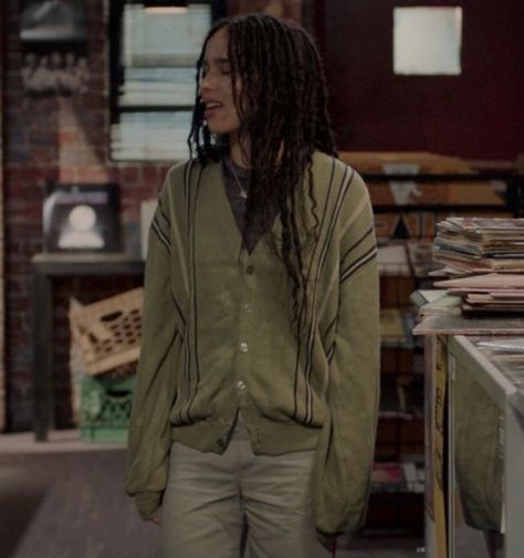 Zoë Kravitz as Rob in High Fidelity • Vintage green cardigan Rob Outfit High Fidelity, High Infidelity Zoe Kravitz Outfits, Robin High Fidelity, Robin High Fidelity Outfits, Rob High Fidelity Style, Robyn Brooks Outfits, High Fidelity Style, Rob Brooks High Fidelity, Rob High Fidelity Outfits