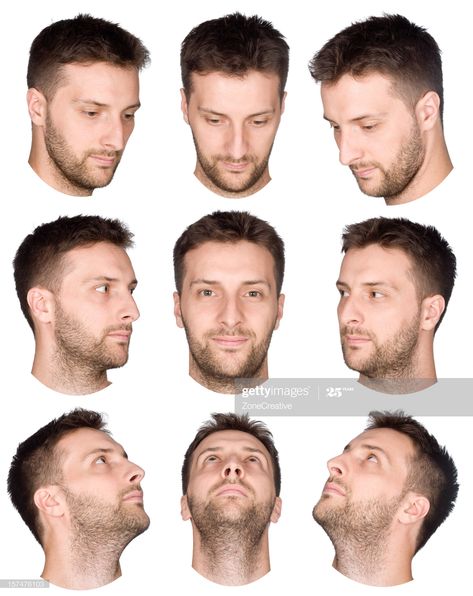 Stock Photo : short hair man face collection from various views Face Angle, Different Facial Expressions, Head Angles, Head Anatomy, Face Angles, Face Study, 얼굴 드로잉, Drawing Face, Man Face