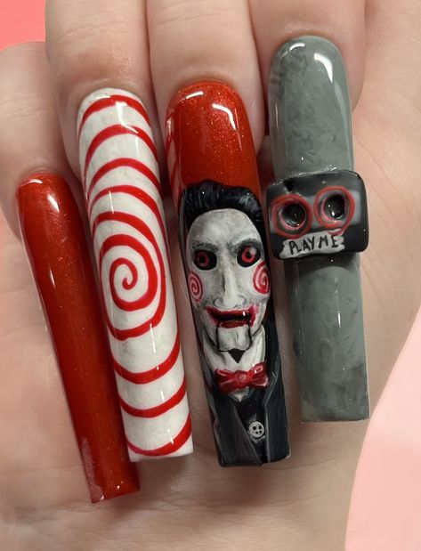 Jigsaw halloween nails 🪚📼🩸 Jig Saw Nails, Saw Themed Nails, Saw Nail Art, Pinhead Nails, Jigsaw Nails Halloween, Saw Nails Halloween, Jason Nails Halloween, Terrifier Nails, Halloween Movie Nails