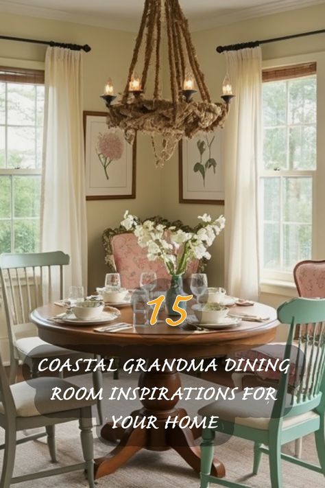 I absolutely love the charm of this coastal grandma dining room! The soft color palette combined with vintage-inspired decor creates a warm and inviting atmosphere. From the lovely floral arrangements to the elegant chandelier, every detail speaks to a comfortable yet stylish home. If you’re looking for ideas to refresh your dining space, check out these 15 inspirations that embody the perfect blend of coastal elegance and timeless beauty! Grandma Dining Room, Southern Dining Room, Southern Decor, Coastal Elegance, Elegant Chandeliers, Vintage Inspired Decor, Coastal Grandma, Bright Ideas, Dining Room Inspiration